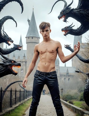 Posing outside a castle, a shirtless young man in black pants summons dark serpent beasts