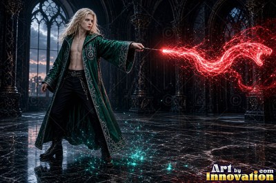 A man with a deep green robe casts a red snake of magic from a wand