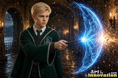Wearing a green robe, a blond young man casts blue lightning from his wand along a stone castle hallway