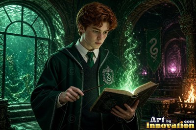A young man casts magic over an open book with bright green light shining up from the pages