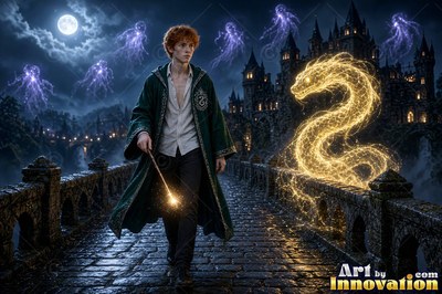 Walking along a stone bridge, a young man summons a yellow snake of light