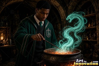 A young man wearing a green robe points a wand at a green smoke snake above a cauldron
