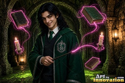 In a stone castle hall, a smiling young man in green robes floats books with a wand