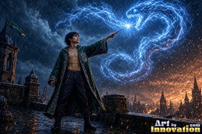 Casting with a wand in the rain, a man summons a bright blue lightning snake