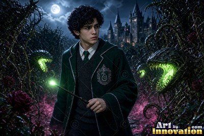 Young man dressed in a green robe holding a lit wand at night