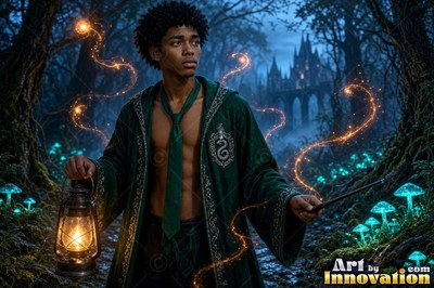 Wearing an open green gown and tie, a young man carries a lantern in a dark woods near a castle