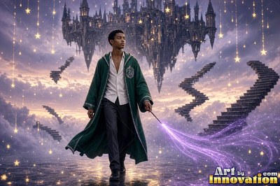 A young man walks forward while casting purple light from his wand below a dark castle