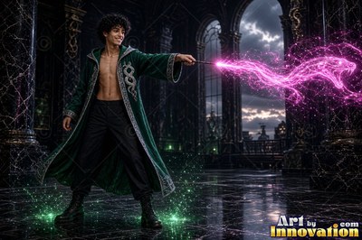 Standing in a dark hall, a bare-chested man casts a bright pink snake from his wand