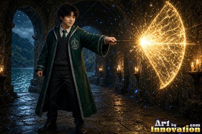 A young man dressed in a deep green robe points a wand that shoots a fan of yellow sparks