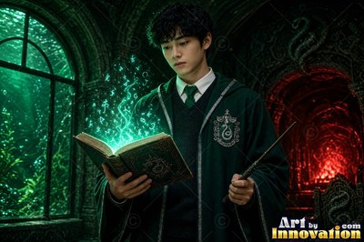 In an underwater room, a young man in green robes holds an open spellbook