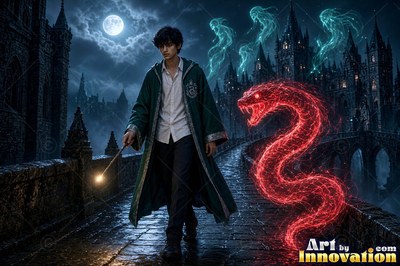 Walking along a stone bridge, a young man summons a red fiery snake by moonlight