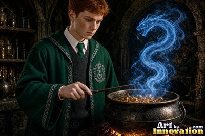 Young man in green robes conjuring a blue smoke snake from a cauldron