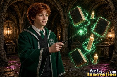 Red curls top a young man in green robes levitating books and candles in a dark hall