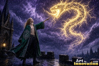 A man with a green gown casts a snake of lightning that shines bright yellow
