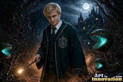 Standing at a three-quarter turn outside a dark castle, a blond man holds a bright wand