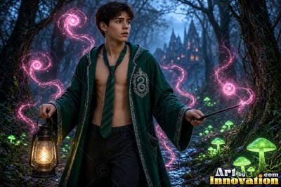 A bare-chested young guy wearing a long green robe holds a lantern and wand in dark woods
