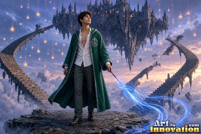 In the sky near a floating castle, a young man dressed in a long green robe points a wand