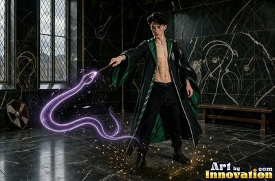 Casting a spell, a bare-chested young guy wearing an unbuttoned green gown conjures a purple snake