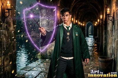 A young man in green robes casts a purple shield spell with his wand