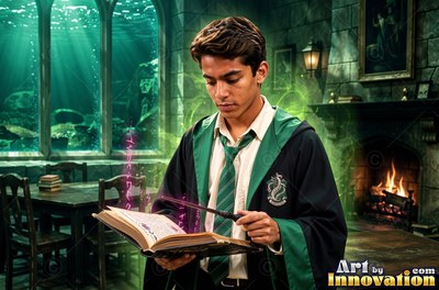 Wearing a green-striped tie, a young man reads a magic book in a stone room with an underwater window