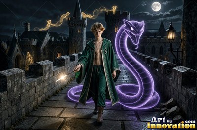 A young man walks along a castle wall beside a large purple snake lit by a bright wand