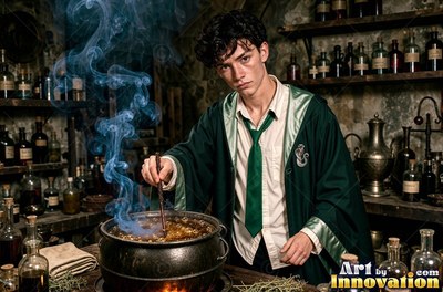 Leaning forward in a dark cellar, a young man stirs a smoky cauldron