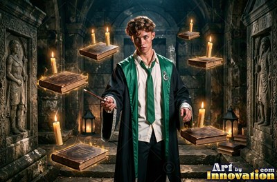 A young man dressed in a loose green robe points his wand as old books float around him