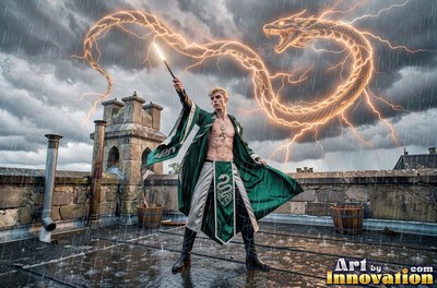 On a wet stone roof, a man clothed in a green gown summons a snake made of lightning