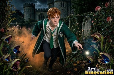 Running through a dark garden, a young man in green robes points his wand past toothy plants