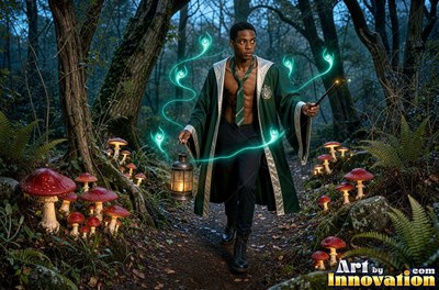 A man wearing an open green gown holds a lantern in a dark wood