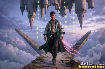 Wearing a long deep green robe, a man walks a stone bridge below an upside-down castle in the clouds