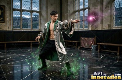 A man points a wand in an open hall, casting purple sparks into the room