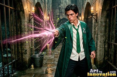 Facing forward in a stone dungeon, a young man points a wand with pink sparks