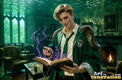 A smiling young man wearing a loose green robe casts purple smoke from a book while holding a cobra