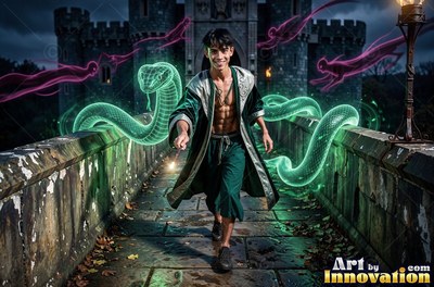 On a stone bridge, a smiling shirtless man dressed in a green gown walks with a bright green snake
