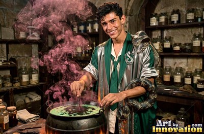 Stirring a black cauldron, a smiling young man in green robes holds a snake on his arm