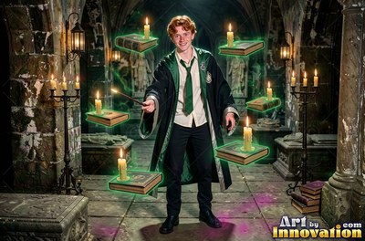 Young man in a green robe levitating books with candles