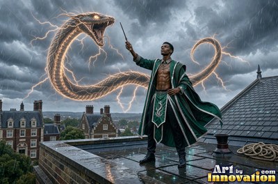 Bare-chested under a green gown, a man summons a lightning snake on a stormy castle roof