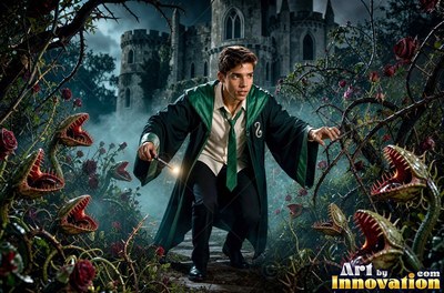 A young man in a green robe crouches with a wand among toothy plants in the dim moonlight