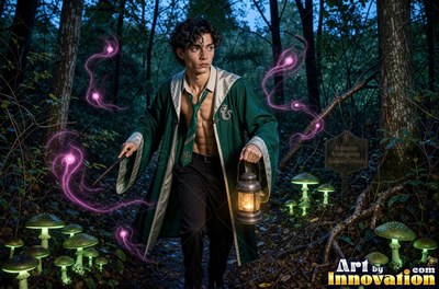 Walking forward in a dark woods, a bare-chested man carries a lantern and a wand