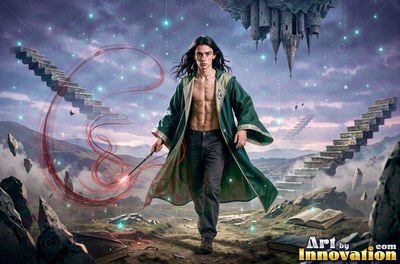 A bare-chested young man walks forward in a parted green gown while waving a wand