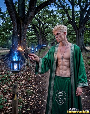 On a wooded path, a shirtless blond man in green robes holds a sparkler wand