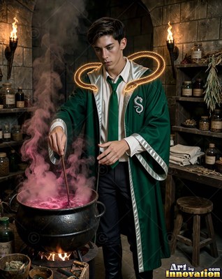 Stirring a bubbling cauldron, a young man in green robes wears a bright snake halo
