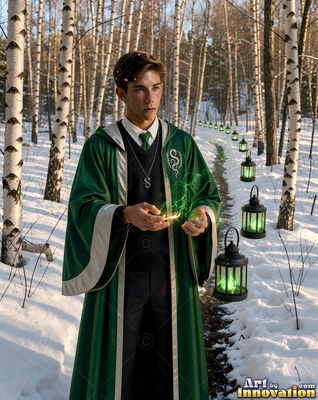 A young man wearing a deep green robe holds magic in a snowy birch forest