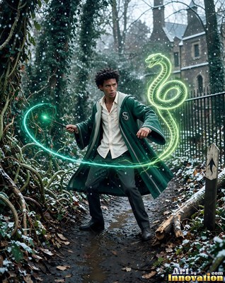 In an unbuttoned green robe, a man casts a bright light snake on a snowy path by a castle house