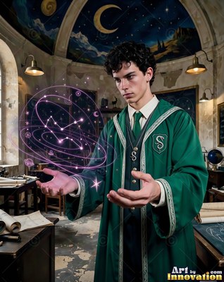 A young man in green robes casts floating constellation rings of pink light