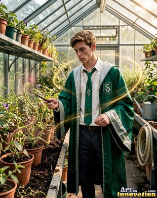 Standing in a glass greenhouse, a young man in green robes points a wand