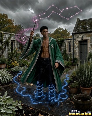 A man with no shirt wearing an unbuttoned green gown casts pink stars from a wand in a garden