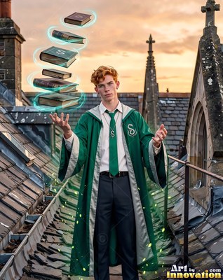 On a castle rooftop, a young man in green robes levitates floating books