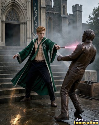 Casting a spell, a young man wearing a loose green robe points his wand at a statue